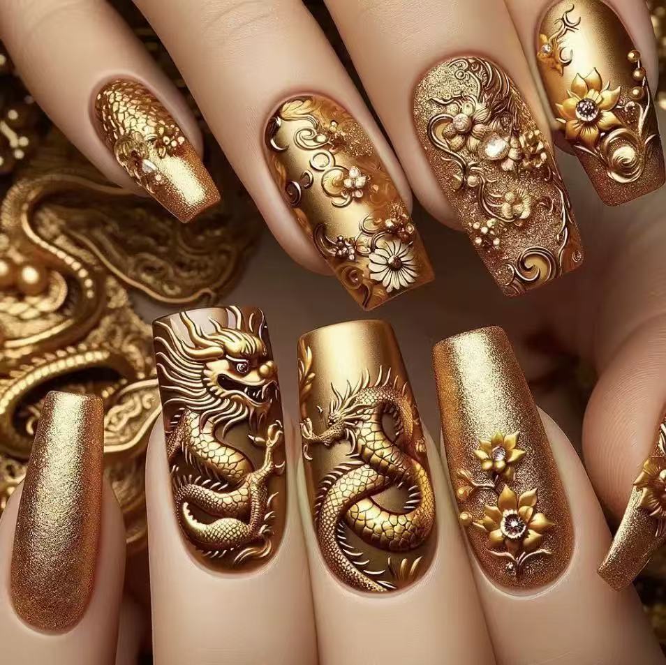 Elegant artificial nail set with 3D dragon designs and gold accents Stornfield