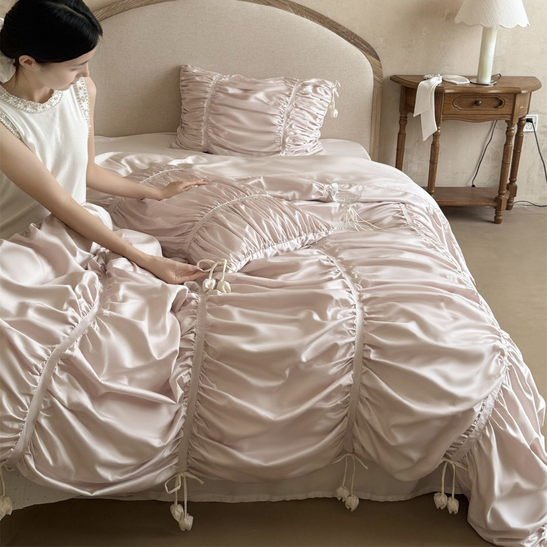 Luxurious Ruched Satin Duvet Cover Set with Drawstring Pillow Shams