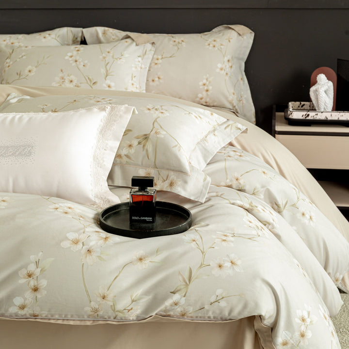 Luxurious cotton satin duvet cover set with watercolor flower pattern