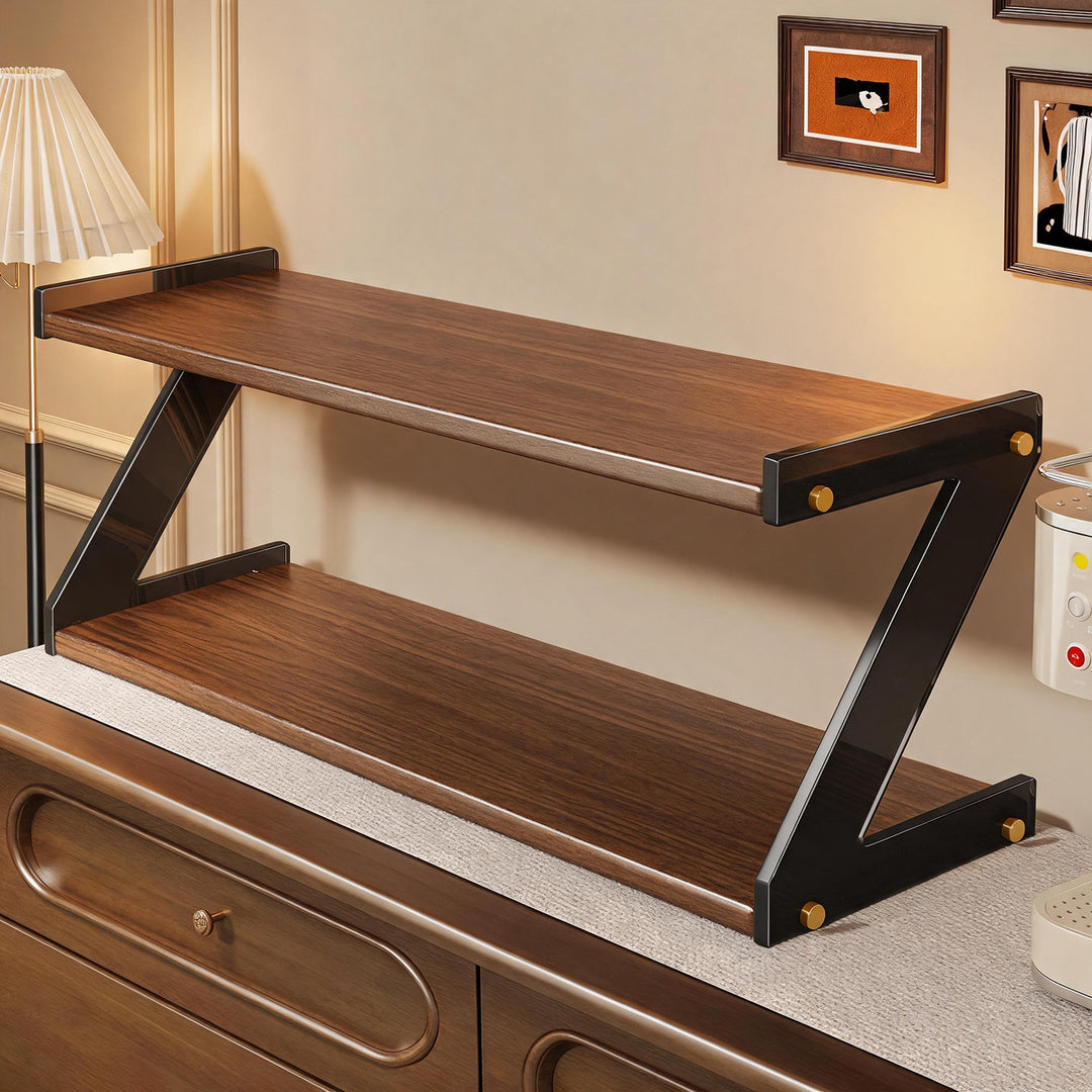Double-Tier Zigzag Countertop Display Shelf with Wood-Effect Boards and Metal Frame