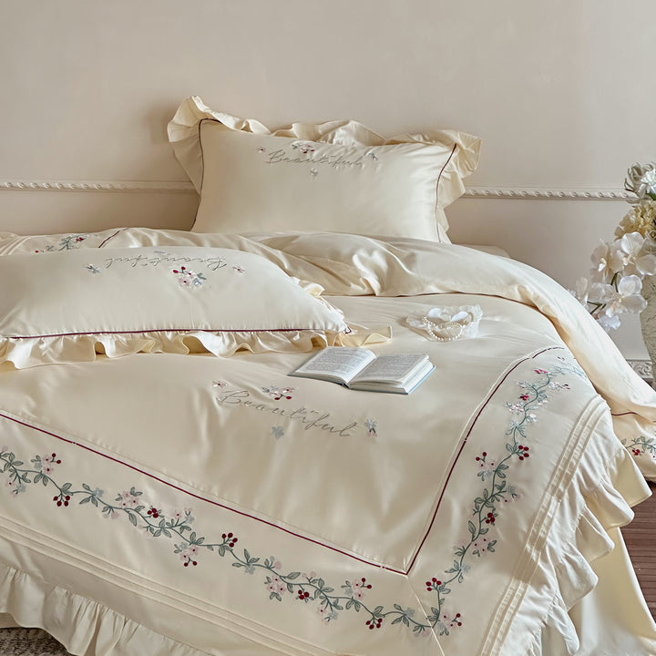 Luxury Ruffled Embroidered Cotton-Sateen Duvet Cover Set with Floral Vine Border
