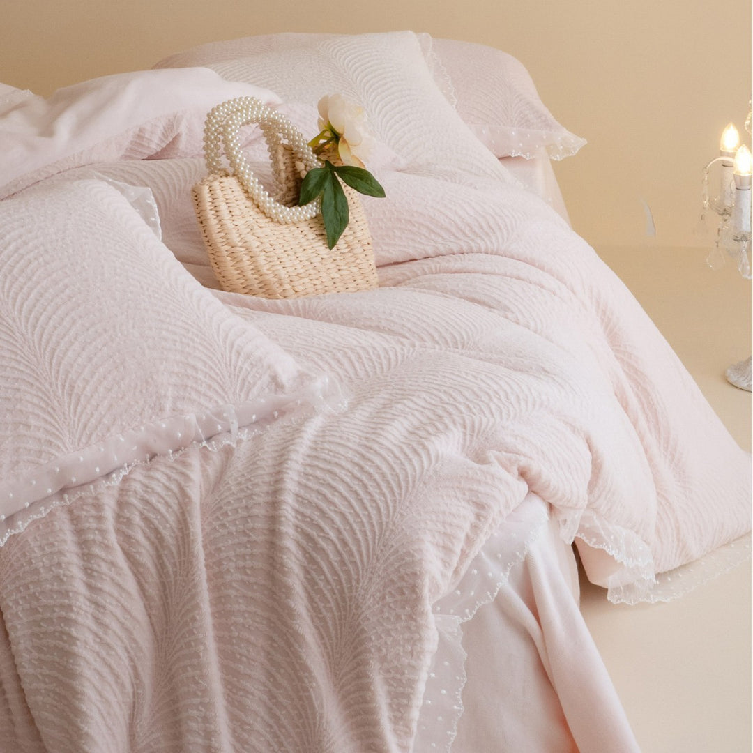Quilted Wave-Textured Duvet Cover Set with Lace-Trim Shams