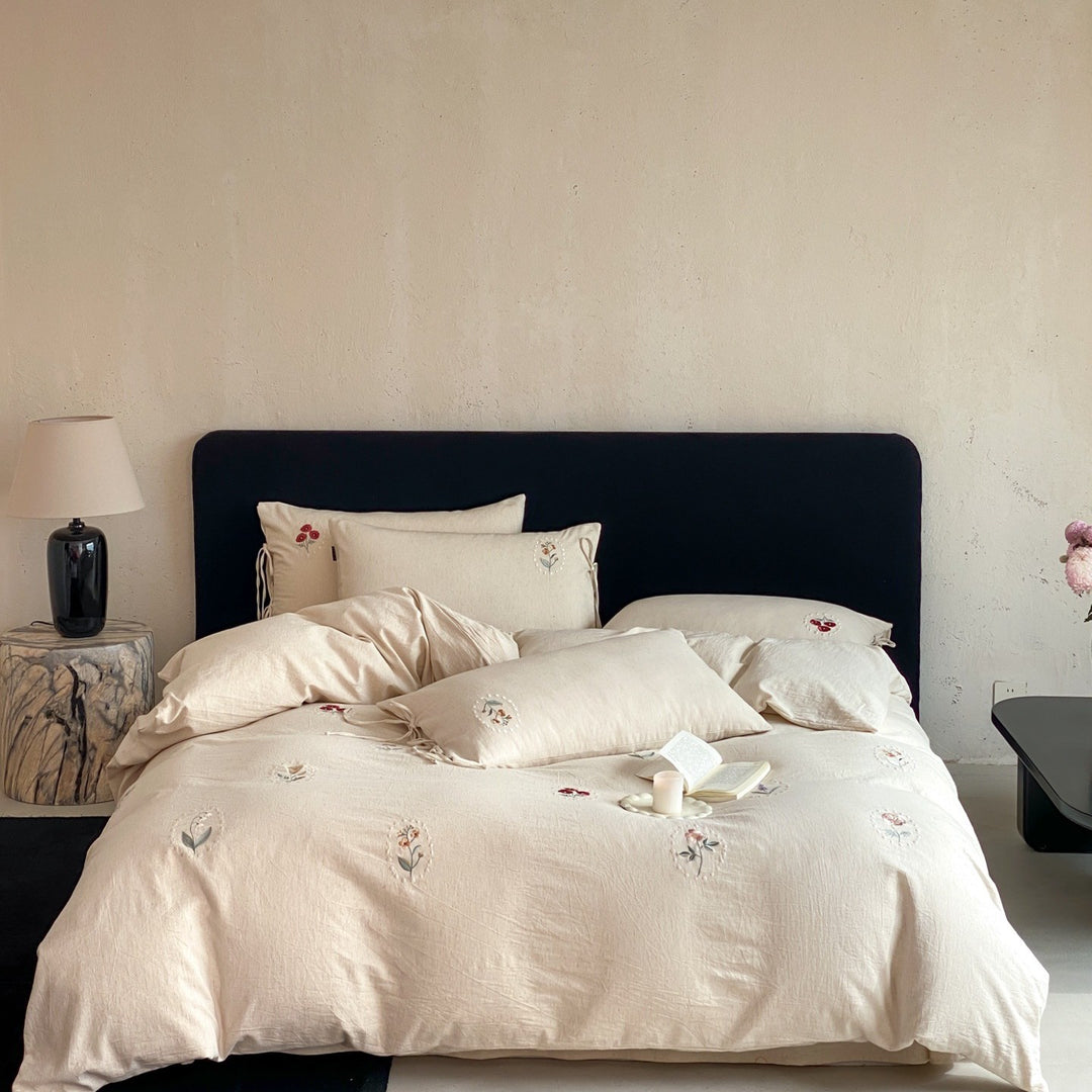 Embroidered Organic Linen Duvet Cover Set with Decorative Pillowcases