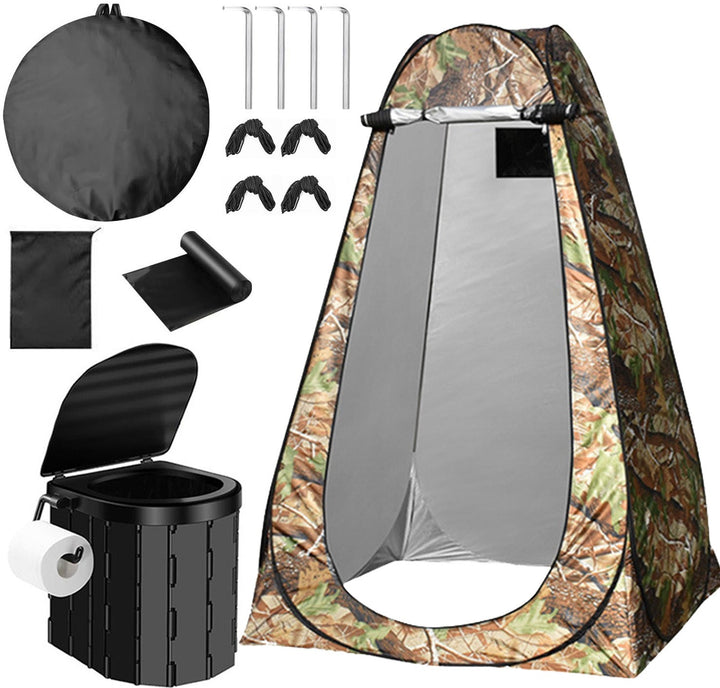 Portable pop-up privacy tent and collapsible camping toilet kit with full accessory set Stornfield