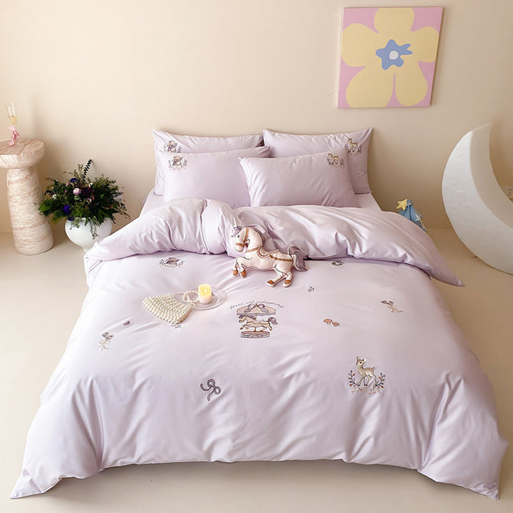 Children's Embroidered Carousel Cotton Duvet Cover Set with Pillow Shams