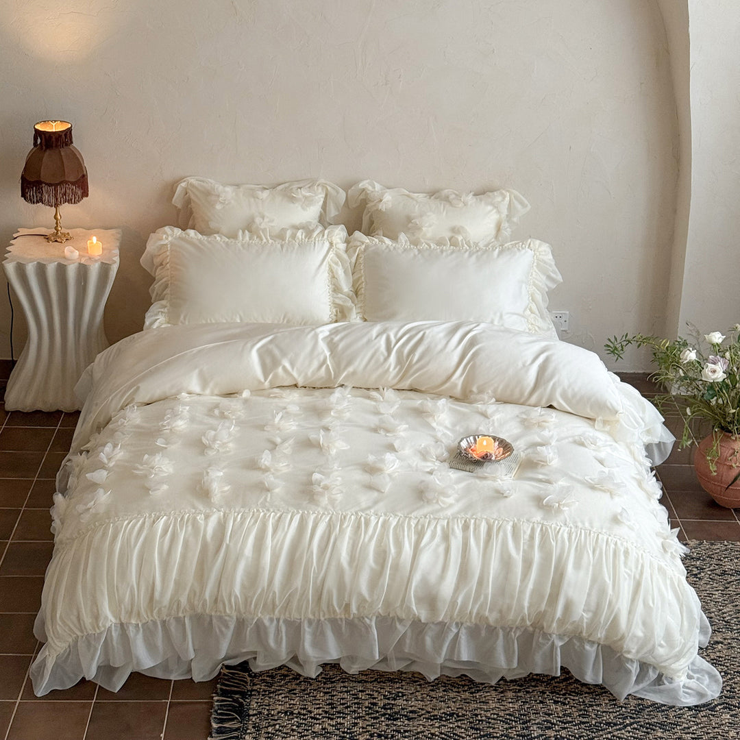 Romantic Ruffled Floral Appliqué Duvet Cover Set