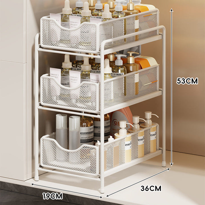 Three-Tier Sliding Mesh Drawer Cabinet Organizer for Kitchen and Bathroom