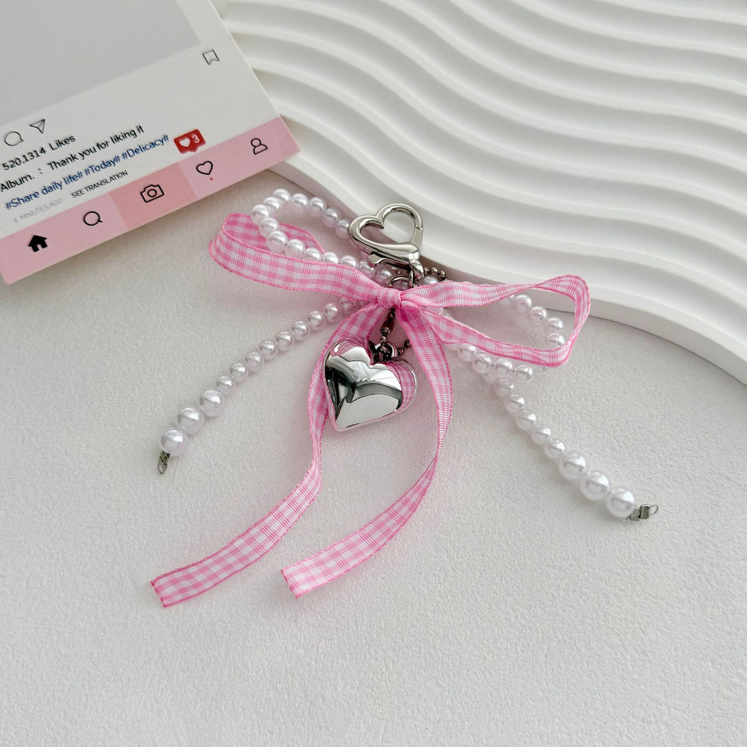 Heart-Shaped Charm Keychain with Pearls and Bow Stornfield