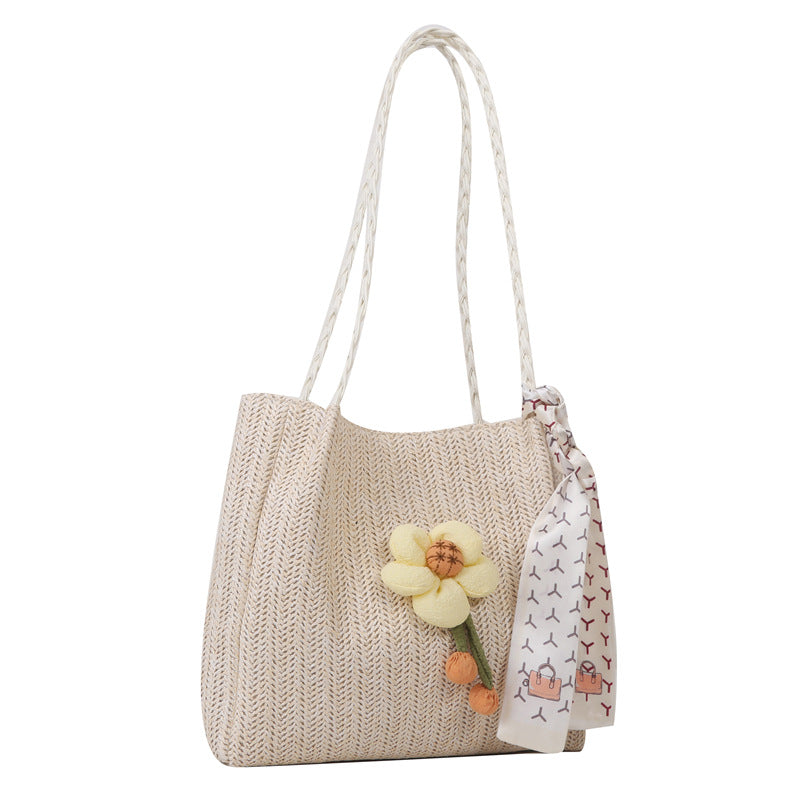 Floral Embellished Straw Tote Bag