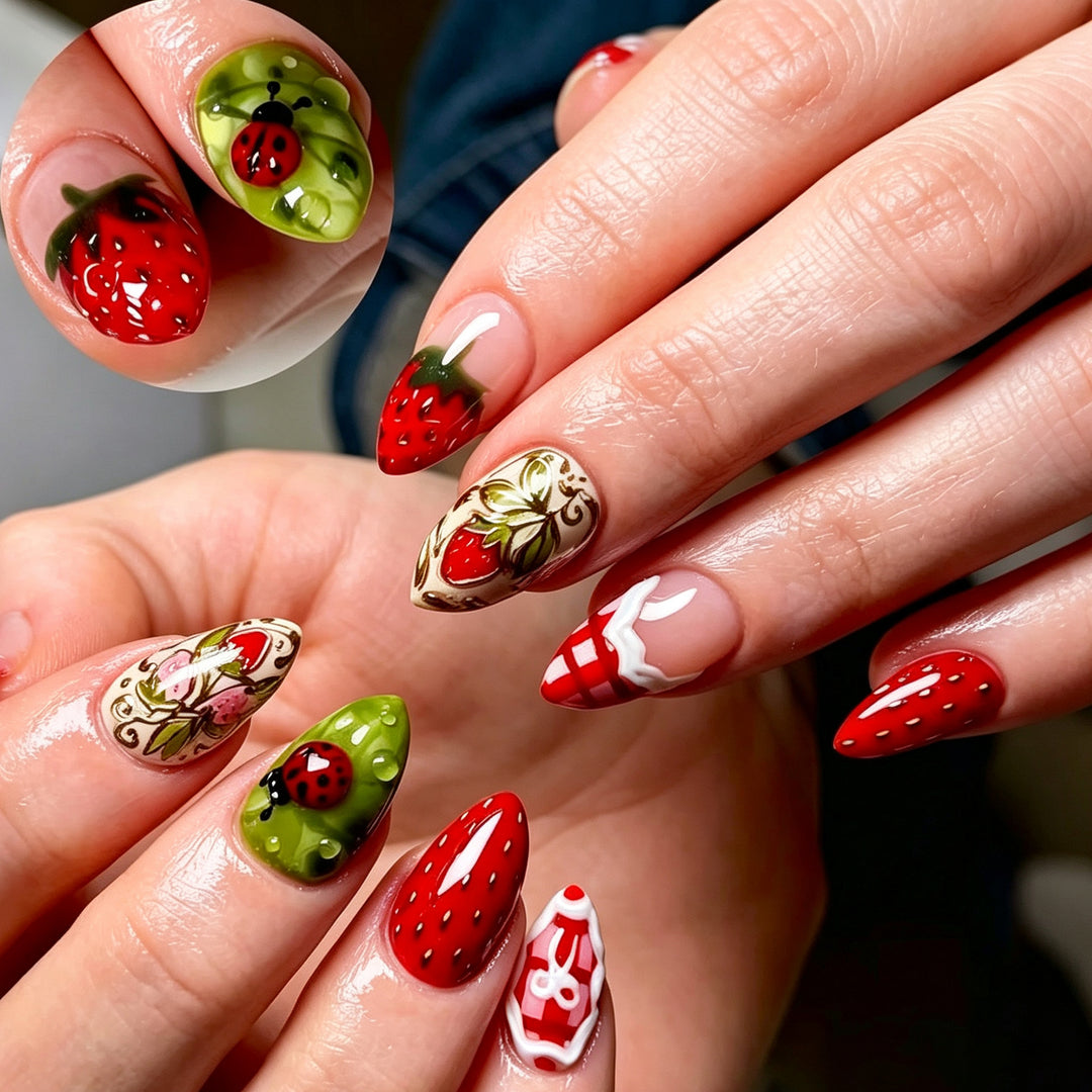 Artistic Strawberry-Themed Press-On Nail Art Set Stornfield