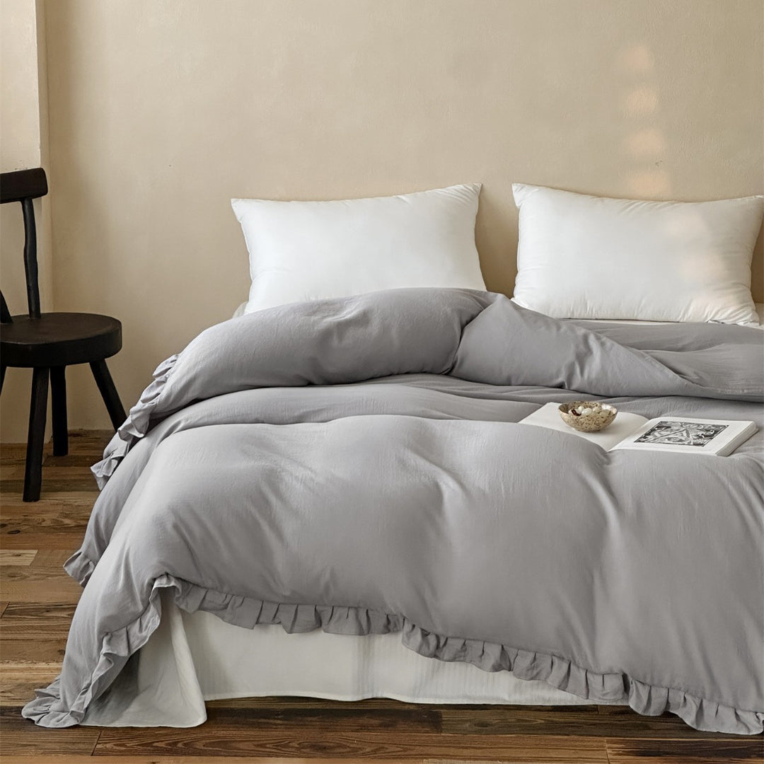 Washed Soft-Touch Ruffled-Hem Cotton-Linen Blend Duvet Cover Set with Hidden Corner Ties