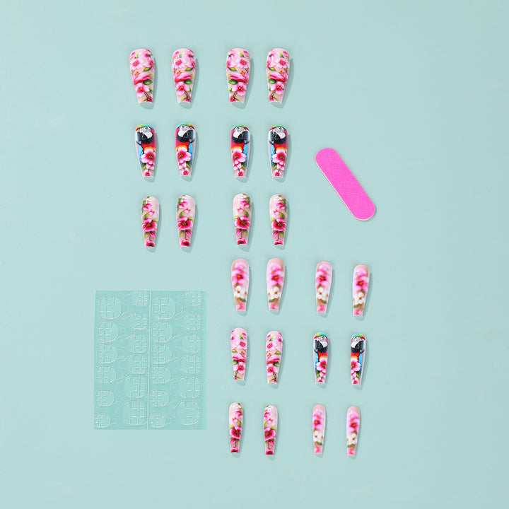 Exquisite Artificial Nails with Colorful Flower and Parrot Design Stornfield