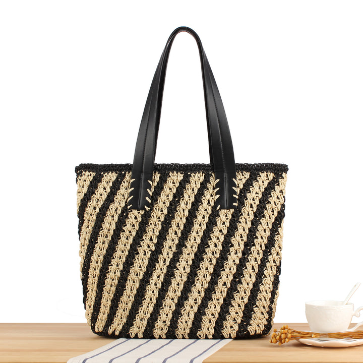 Tote bag with modern striped pattern made of woven natural material Stornfield