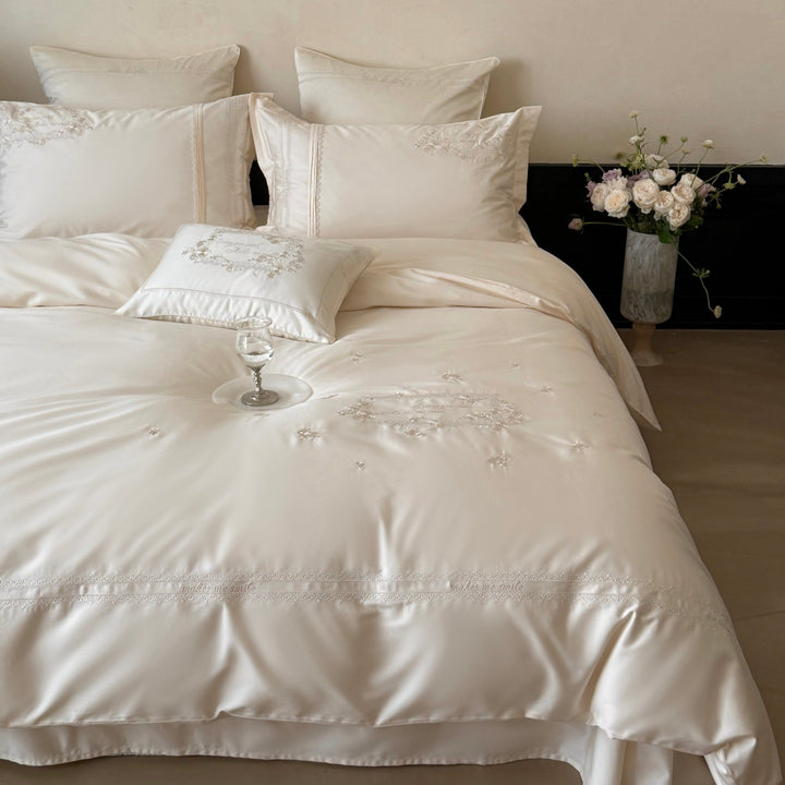 Embroidered Satin Duvet Cover Set with Decorative Pillow Shams