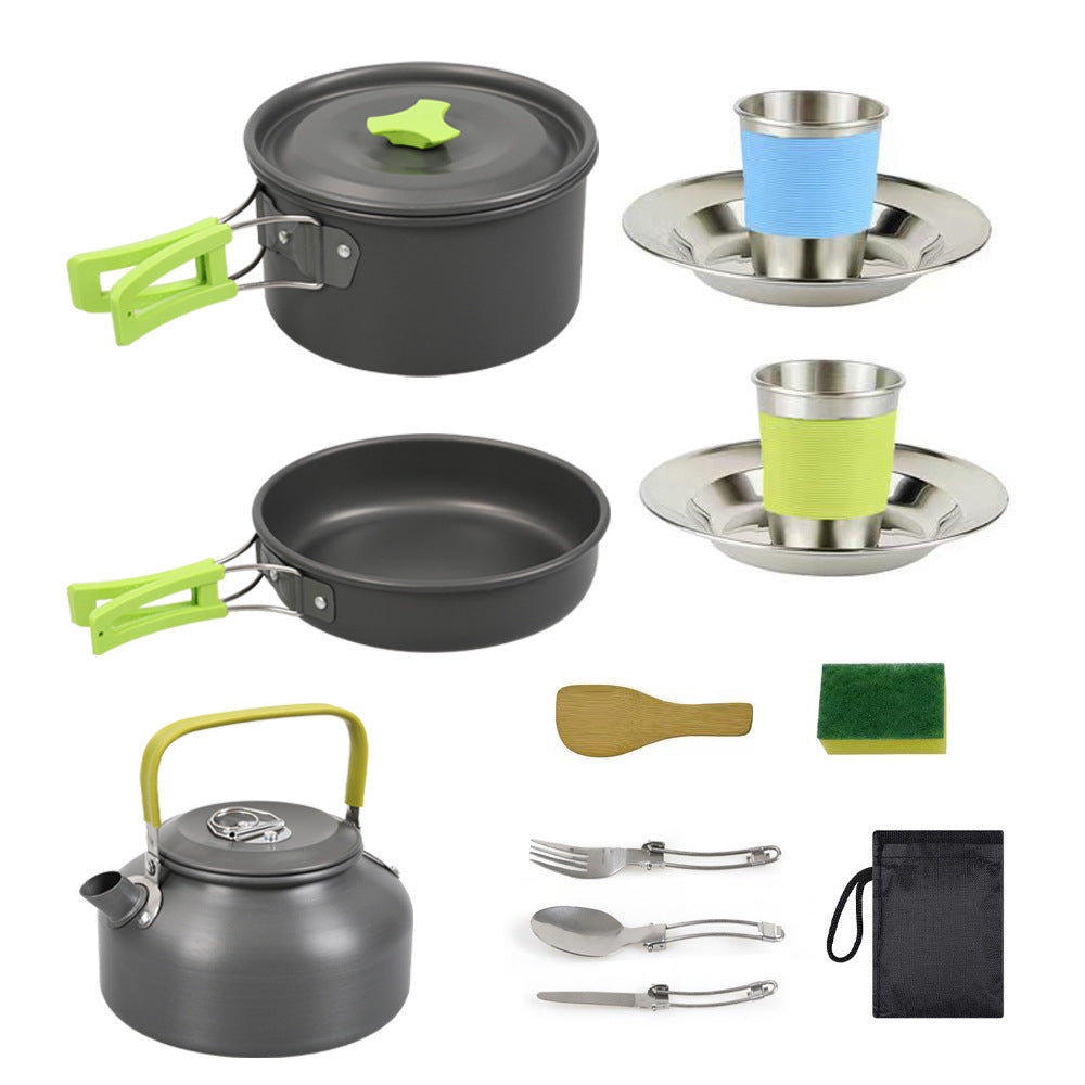 lightweight hard-anodized camping cookware set with folding handles compact kettle and stainless cup plates Stornfield