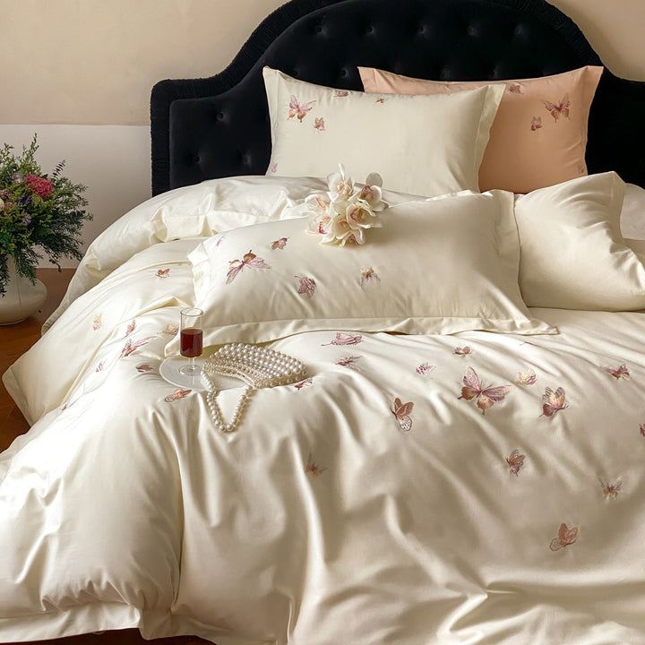 Embroidered Butterfly Cotton-Sateen Duvet Cover Set with Luxury Satin Finish