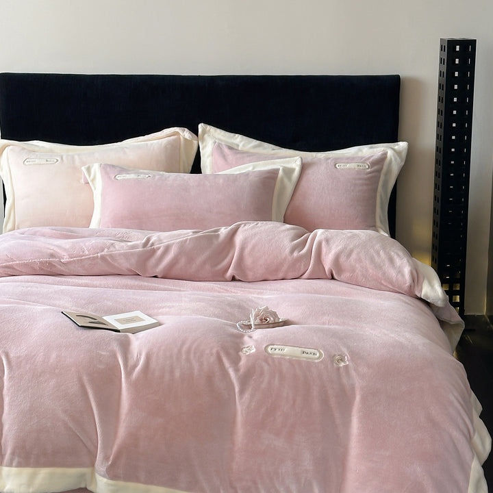 Luxurious velvet bedding set with plush cover, satin edge, and decorative embroidery