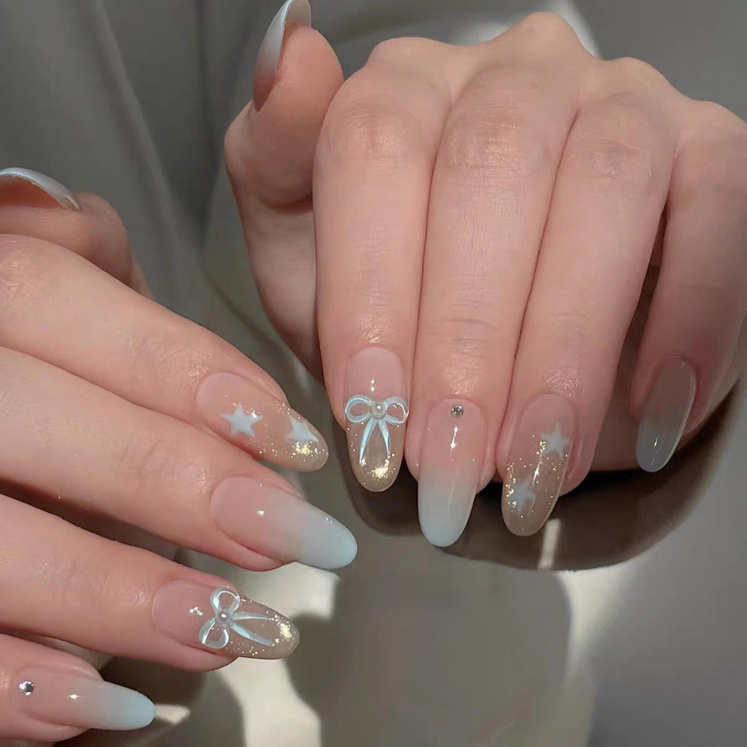 Decorative Press-On Nail Art Set with Bow and Gradient Details Stornfield