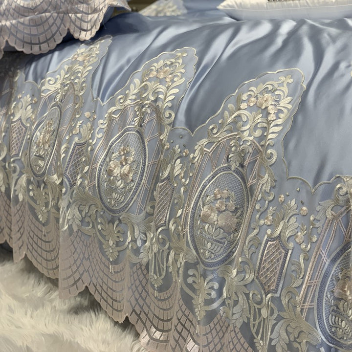 Luxury Embroidered Lace-Trim Duvet Cover Set with Decorative Pillow Shams