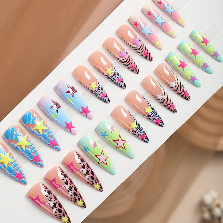Creative nail set with colorful stars and animal patterns Stornfield