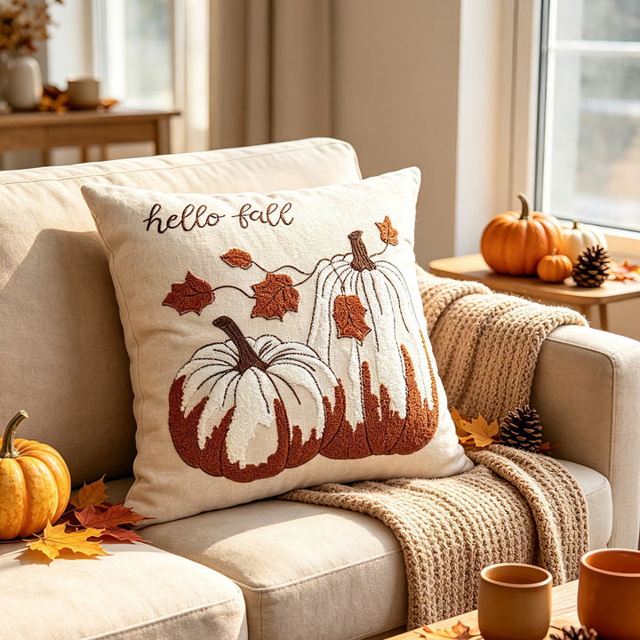 Autumn Pumpkin Embroidered Lumbar Accent Pillow Cover