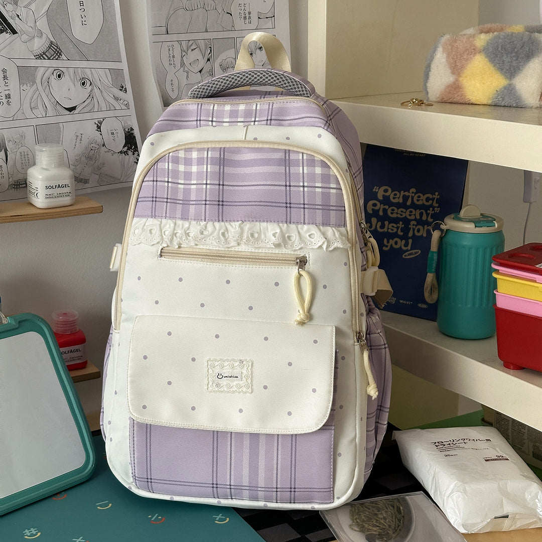 Plaid Patterned School Backpack with Cute Bunny Keychain Stornfield