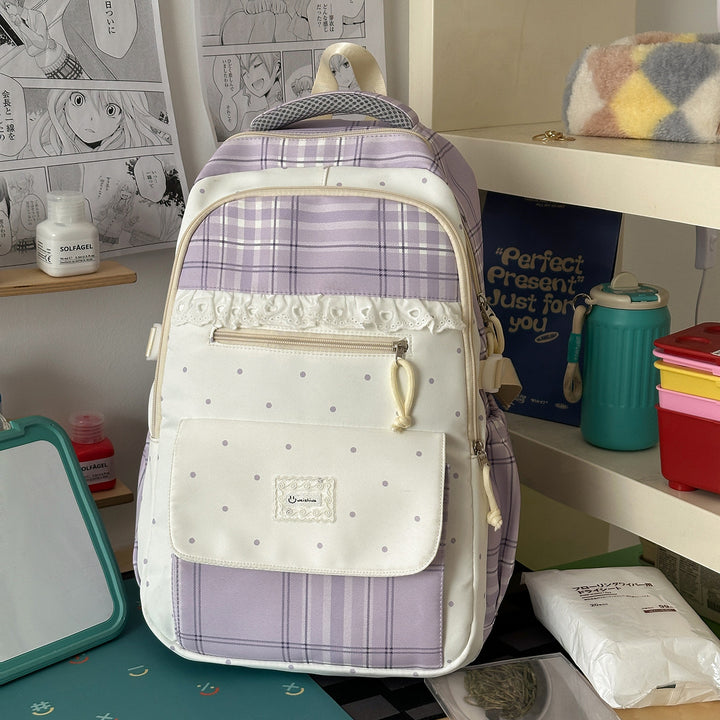 Plaid Patterned School Backpack with Cute Bunny Keychain Stornfield