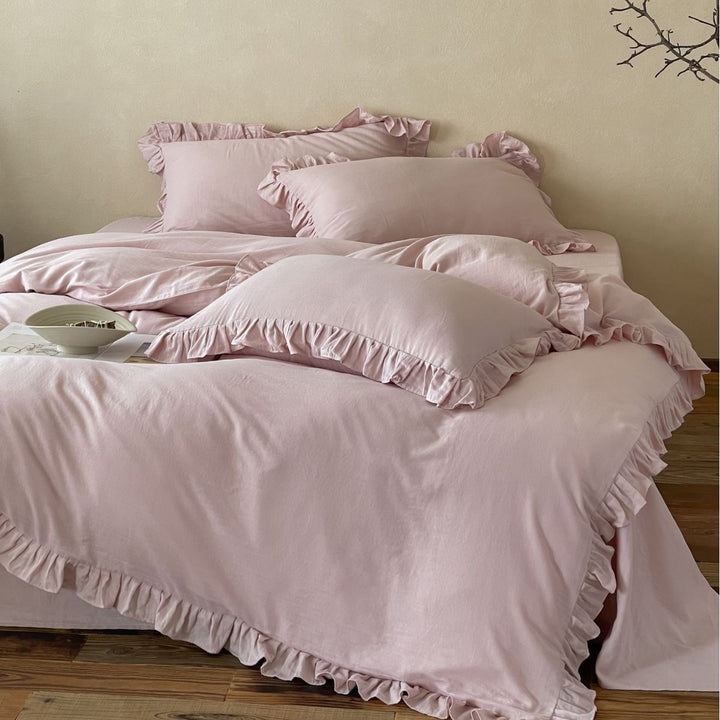 Soft-Ruffled Washed Cotton Duvet Cover Set with Frilled Edge & Pillow Shams