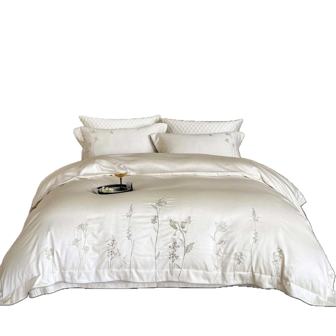 Luxurious satin bedding set with fine wildflower embroidery and reversible function
