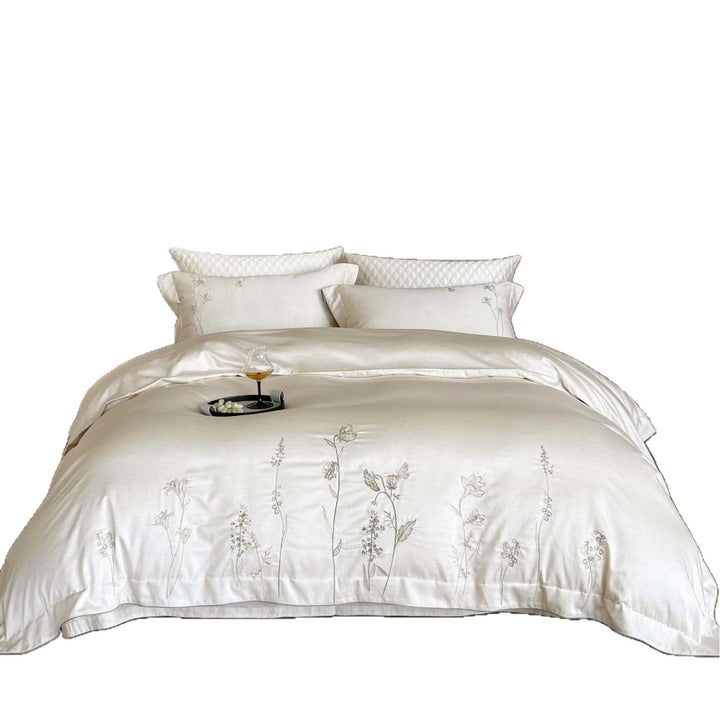 Luxurious satin bedding set with fine wildflower embroidery and reversible function