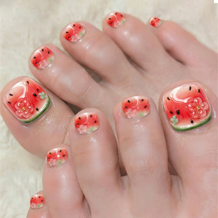 Creative nail art set with cheerful watermelon designs and delicate floral accents Stornfield
