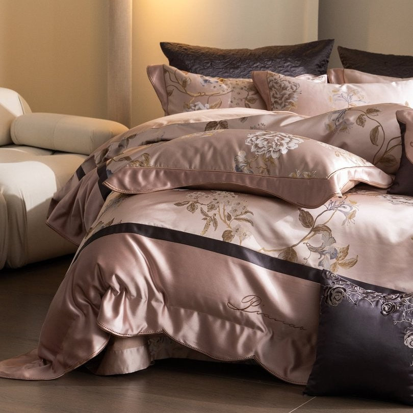 Silky Floral Embroidered Satin Duvet Cover Bedding Set with Scalloped Hem & Pillow Shams