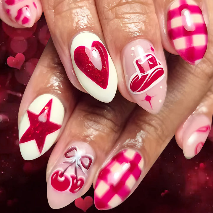 Artistic Press-On Nail Art Set with Heart and Star Designs Stornfield
