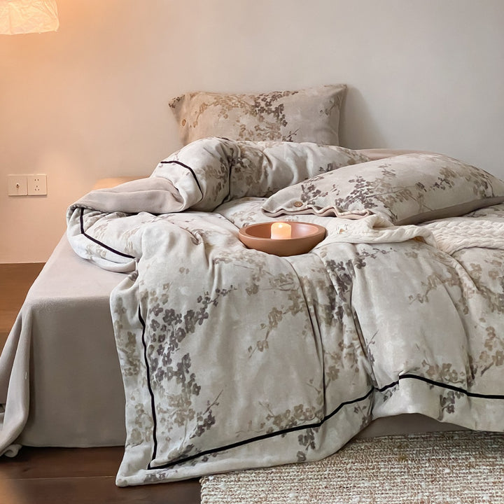 Plush Brushed Microfiber Floral Duvet Cover Set with Button Closure and Piped Edge