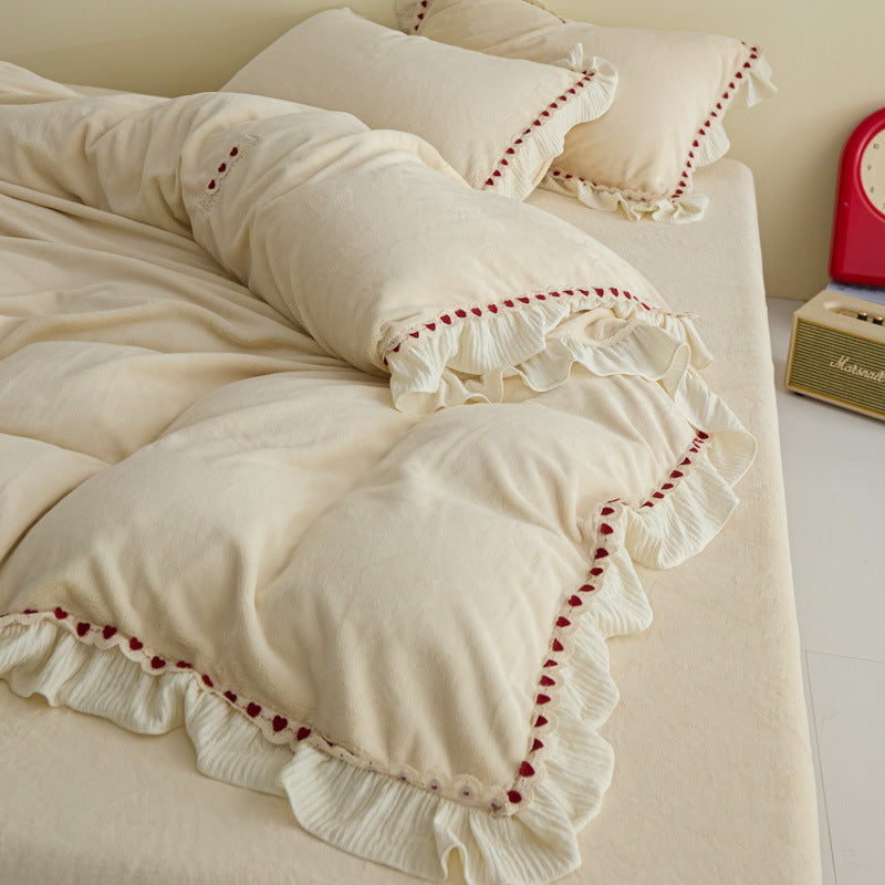 Plush Ruffled Pom-Pom Trim Duvet Cover Set
