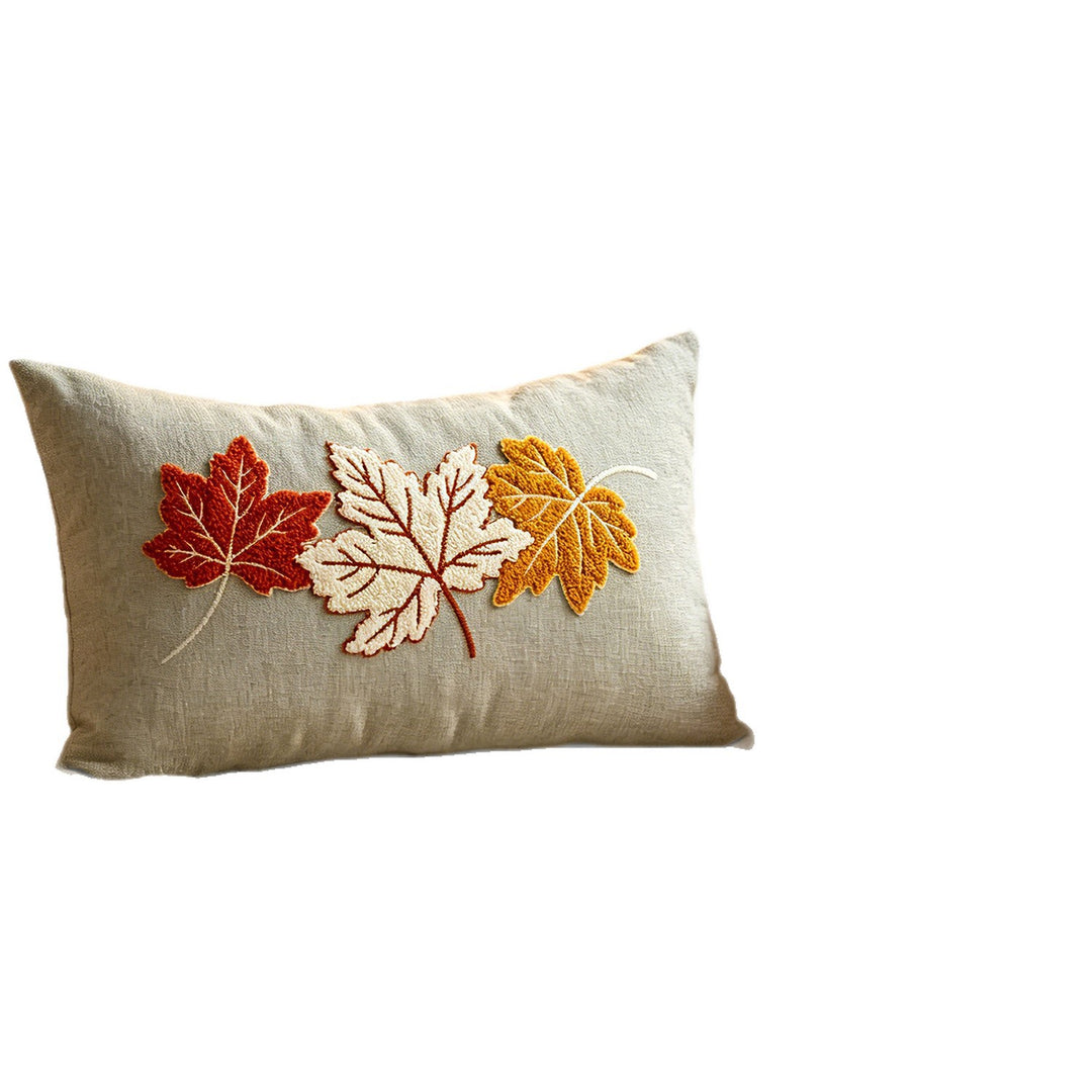 Embroidered Autumn Maple Lumbar Pillow Cover with Textured Chenille Leaf Appliqué