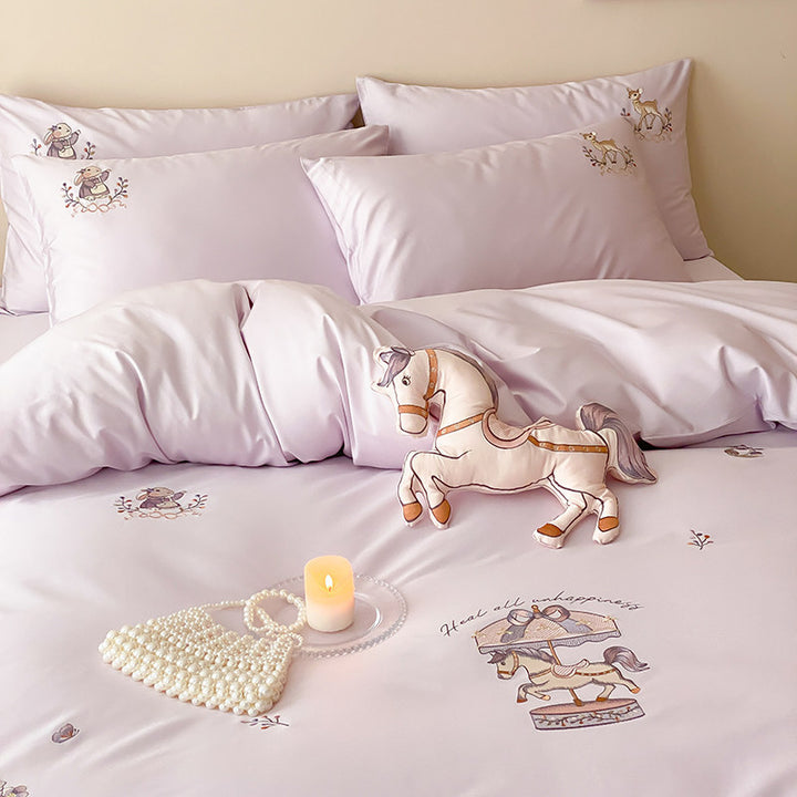Children's Embroidered Carousel Cotton Duvet Cover Set with Pillow Shams