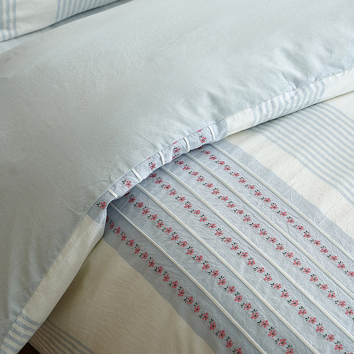 Cotton Sateen Floral-Striped Duvet Cover and Pillowcase Set