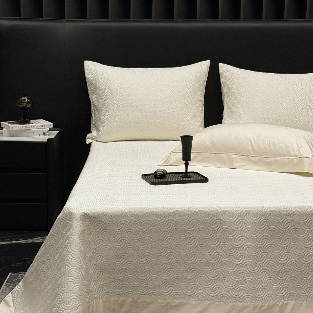 Textured Jacquard Cotton Sateen Duvet Cover Set with Satin-Finish Border and Quilted Euro Shams