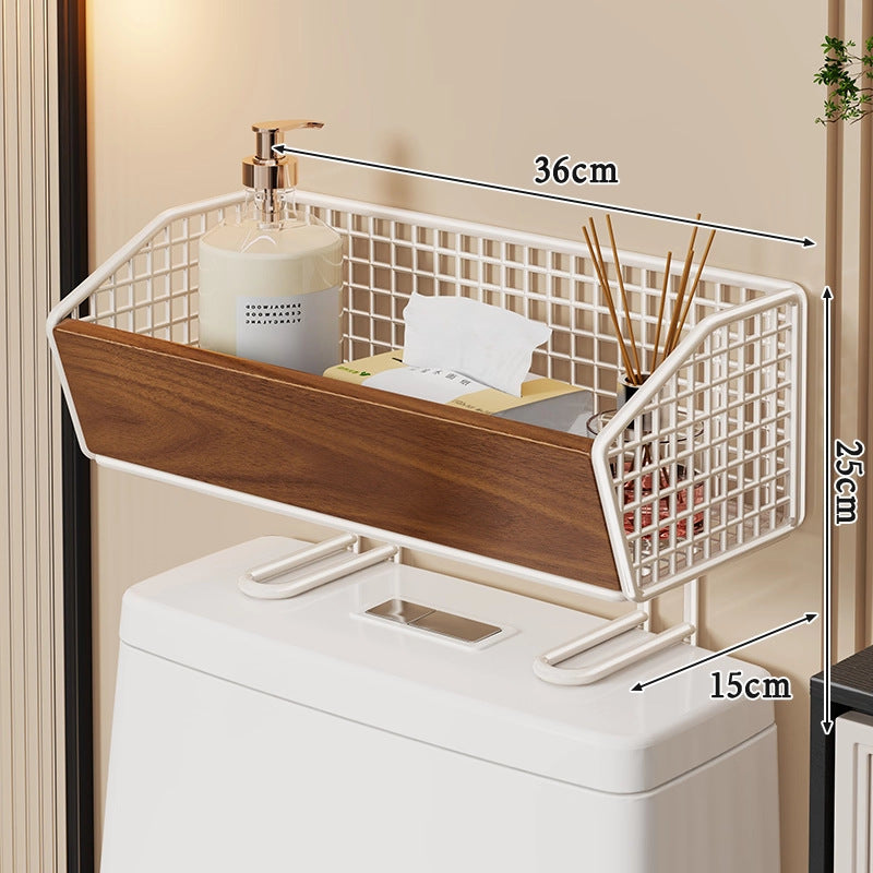 Over-Toilet Wire Storage Basket with Wooden Front Panel