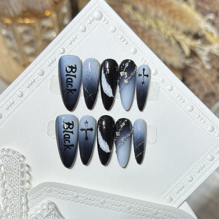 Artistic Press-On Nail Set with Gothic Feather and Cross Design Stornfield