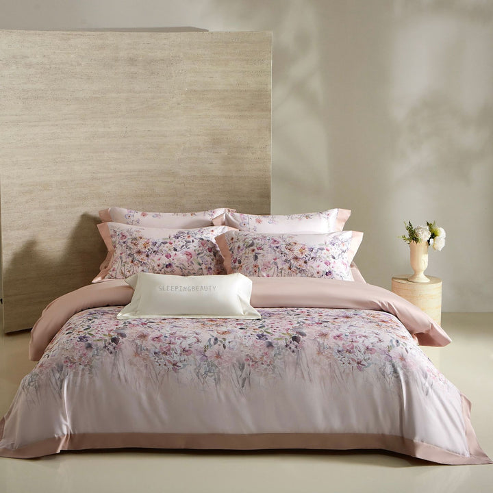 Luxury Floral Cotton Sateen Duvet Cover Set with Contrast Hem and Pillow Shams