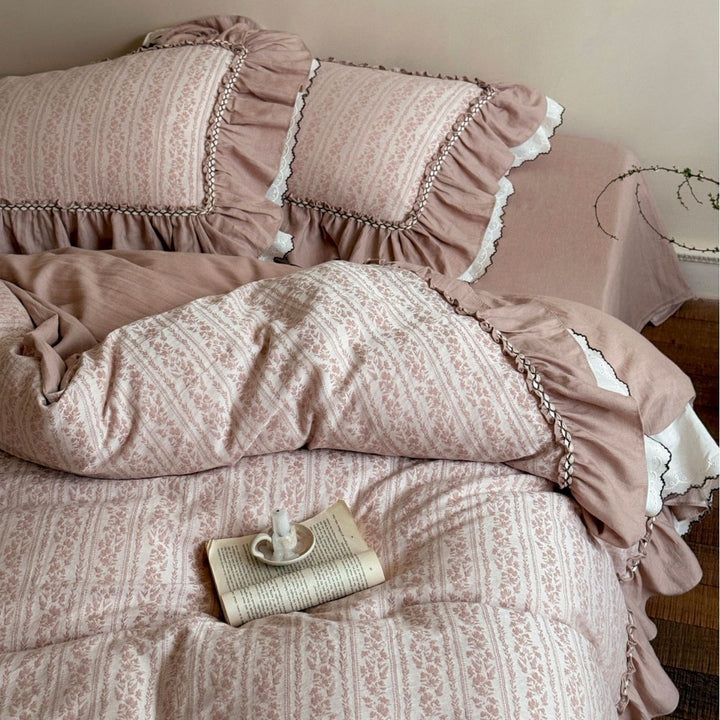 Ruffled Floral Stripe Cotton Duvet Cover and Sham Set