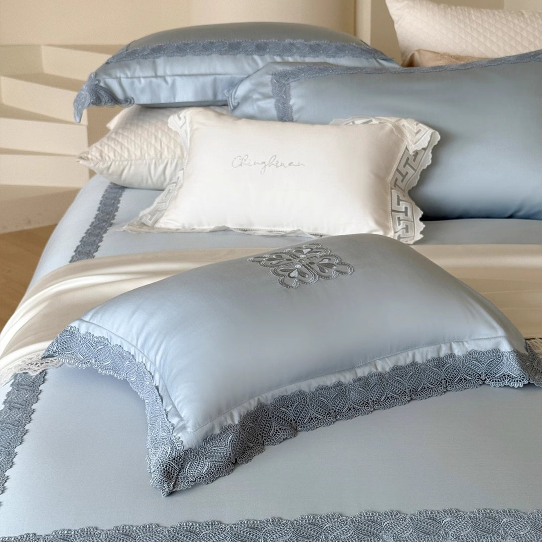 Silky Satin Duvet Ensemble with Floral Appliqué Embroidery, Scalloped Lace Border & Hidden Closure
