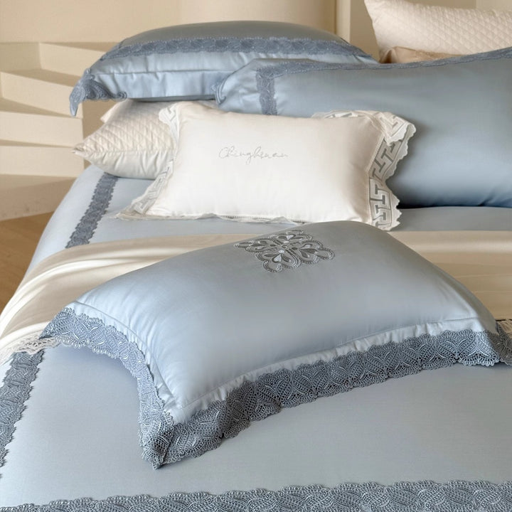 Silky Satin Duvet Ensemble with Floral Appliqué Embroidery, Scalloped Lace Border & Hidden Closure