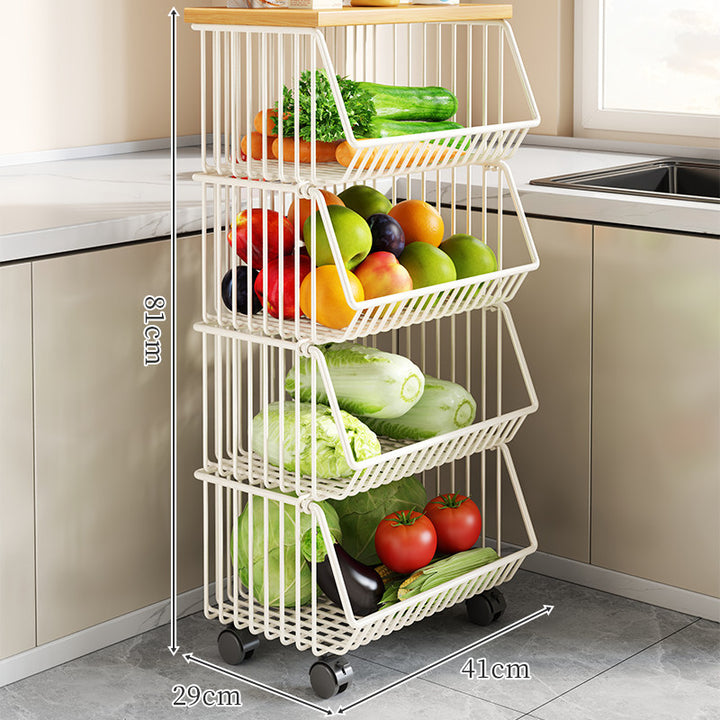 Two-Tier Countertop Vegetable and Pantry Storage Rack with Walnut Wood Top and Sliding Wire Basket