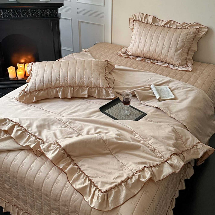 Quilted Ruffled Duvet Cover Set with Satin-Trim Pillow Shams