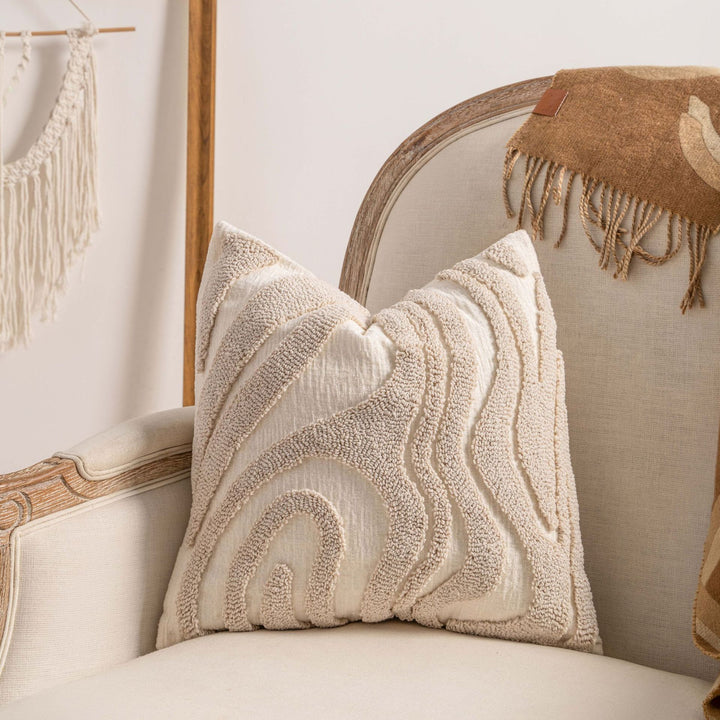 Bohemian Loop-Tufted Lumbar Pillow Cover with Curved Appliqué Texture