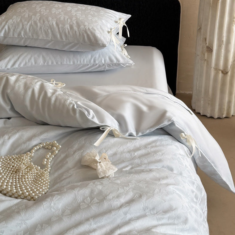 Jacquard Floral Tie-Closure Duvet Cover Set with Satin Fitted Sheet and Ribbon Ties