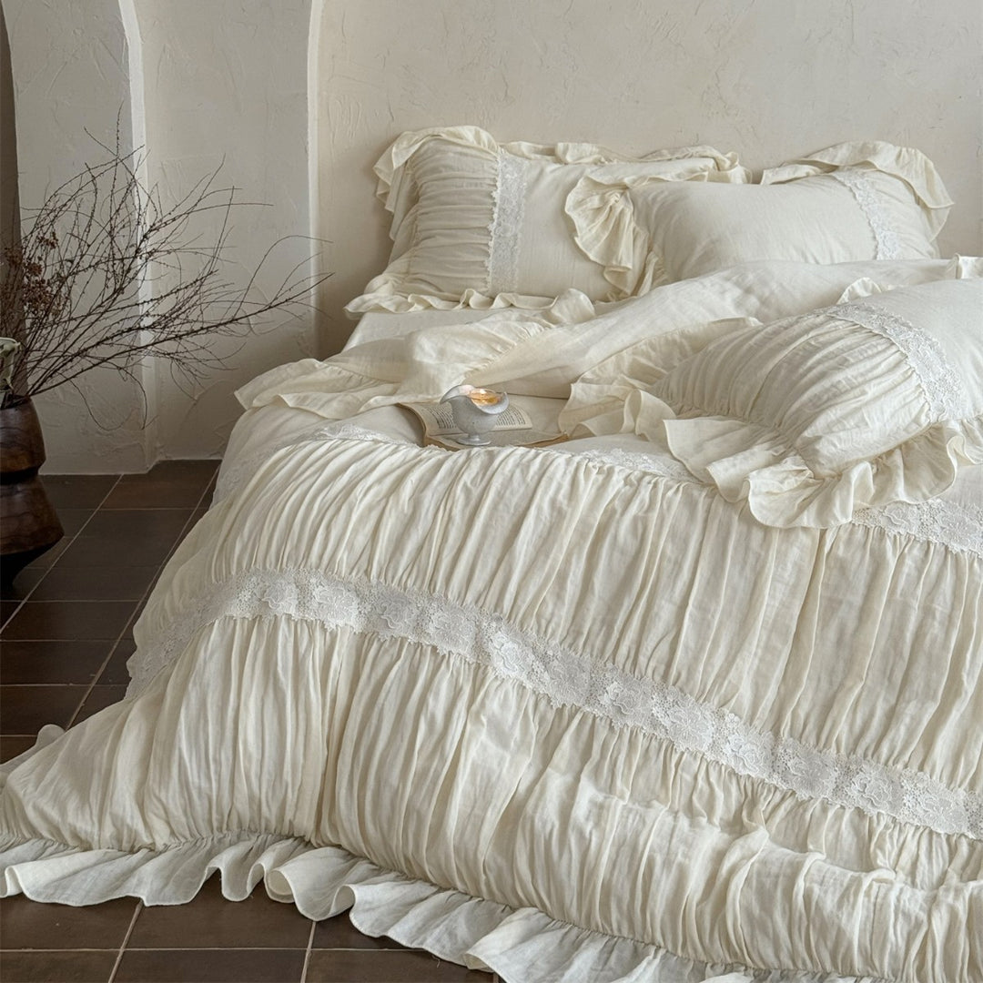 Washed Linen-Blend Gathered Duvet Cover Set with Floral Lace Band